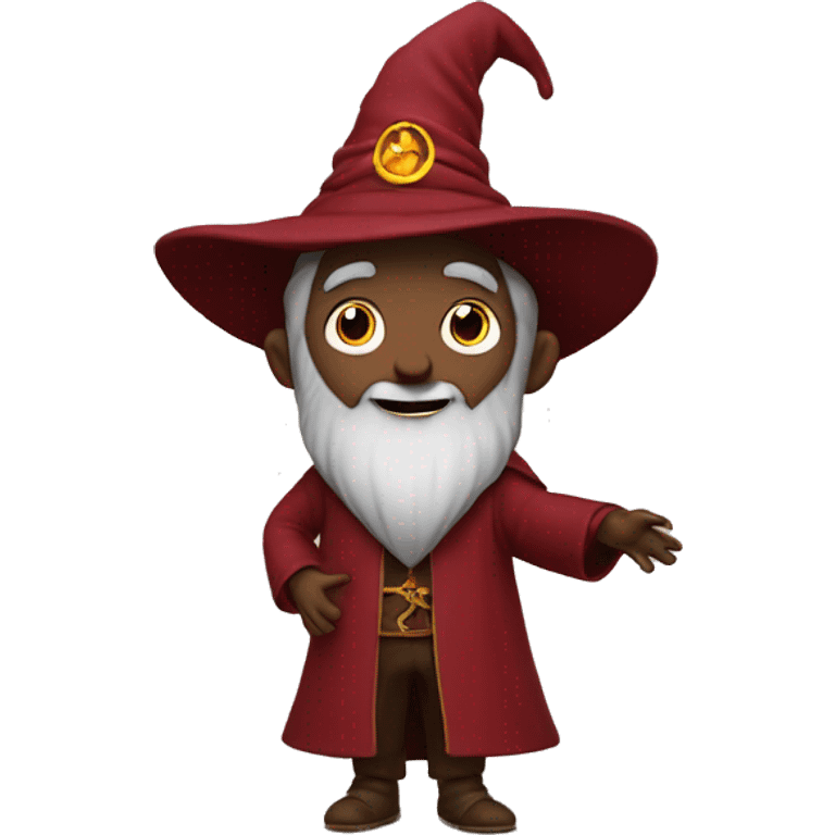 a wizard dressed in dark red is happy. full body is shown emoji