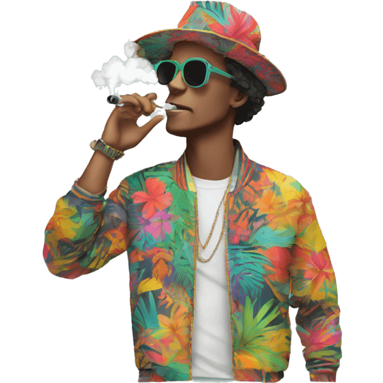 Person vaping wearing a colourful vibrant tropical patchwork of intricate vintage patterns, vape emoji