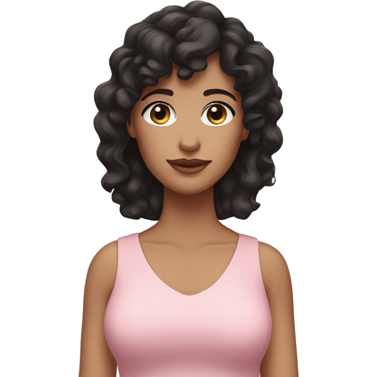 White woman with long black curly hair and bangs and dark brown eyes, wearing a pastel pink dress emoji