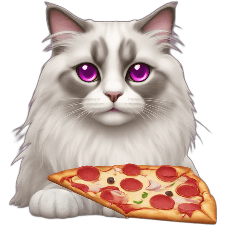 Ragdoll cat with magenta eyes and grey furr, eating a pizza, sitting on the floor emoji