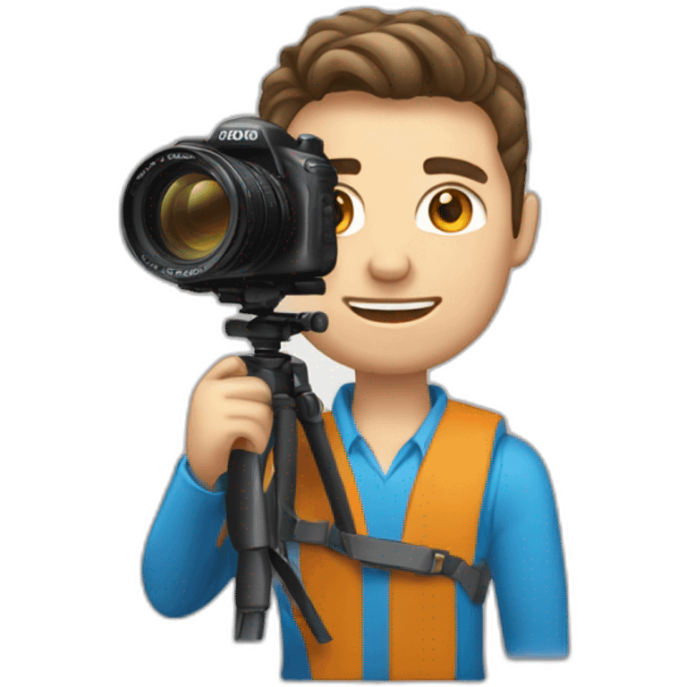 Male Photographer shaved Caucasian wavy hair brunette holding camera emoji