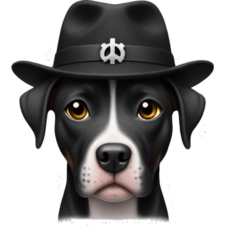 Black pitbul wearing a black hat with a peace sign up emoji