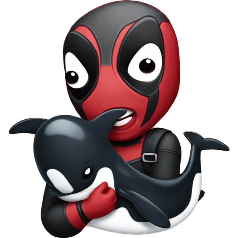 Deadpool holding a baby orca emoji