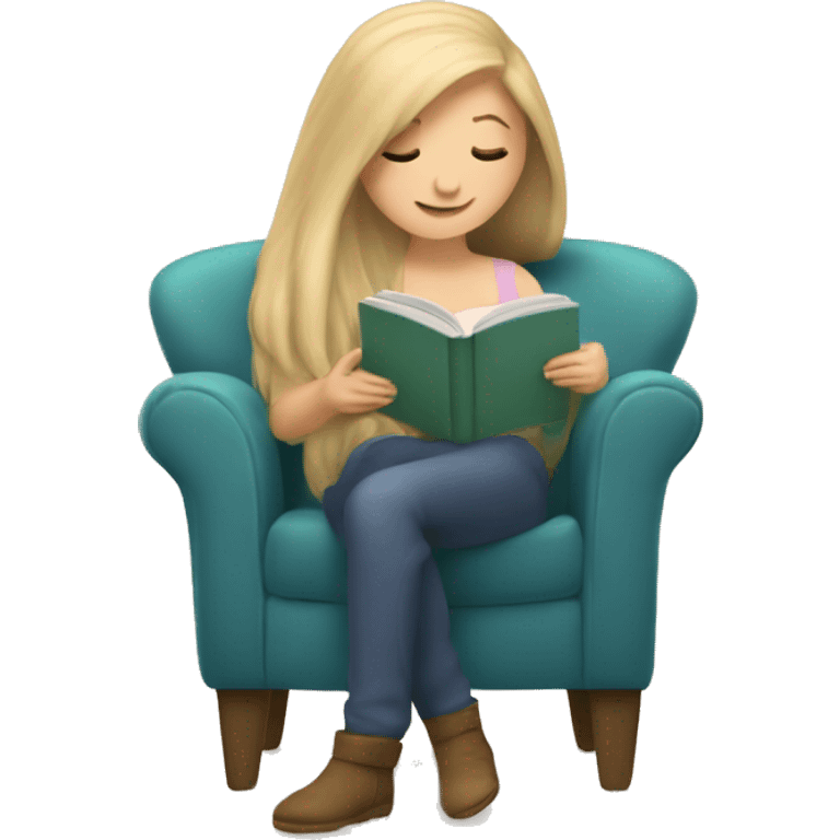 long hair white girl reading a book in cozy chair  emoji