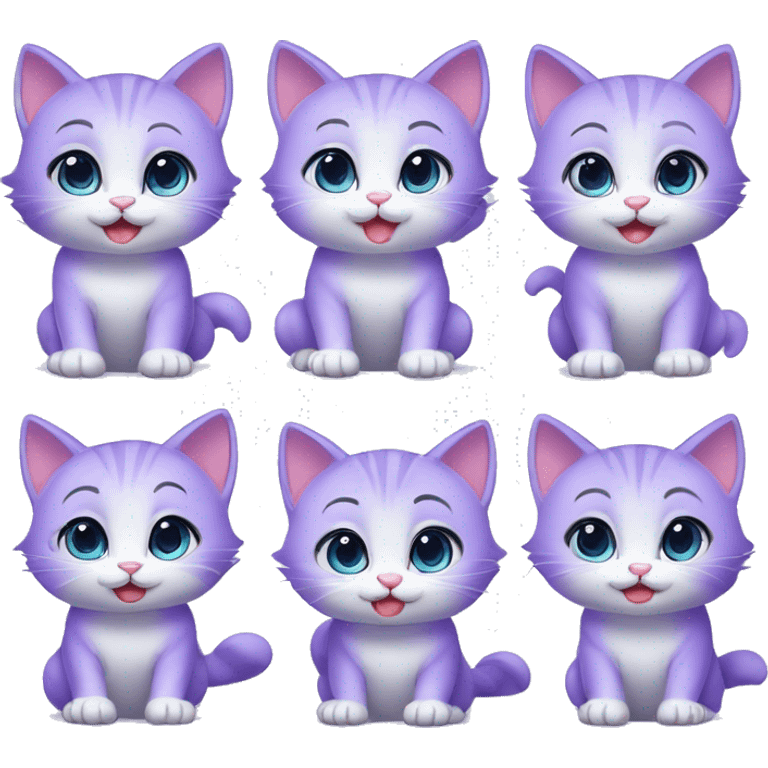 baby cute violet kitty, sticker style multiple poses and expressions, 9 images, cute emoji, Disney style, different emotions, white background emoji