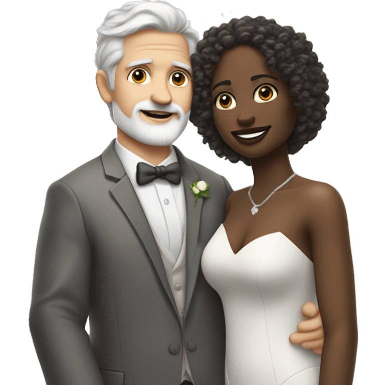 A pale white man with grey hair and with a goatee has just married, with a black woman with shoulder length curly 
brown hair and a brown complexion. They have a lot of money. they are hugged emoji