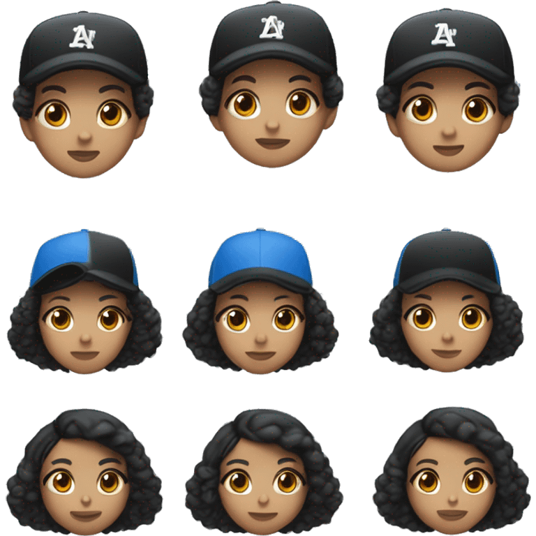 create an emoji of 1 hispanic girl with black hair with a blue baseball style similar to joe goldberg. I want the hat to show, eyes to be light brown, skin to be semi light emoji