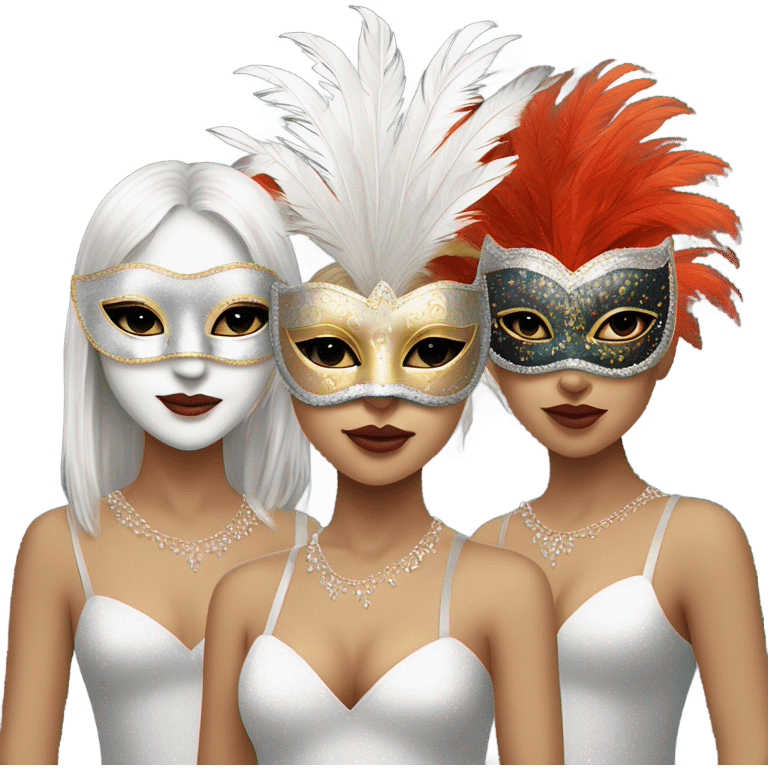 
three white-skinned girls festively dressed up in a full-length feathered masquerade mask emoji