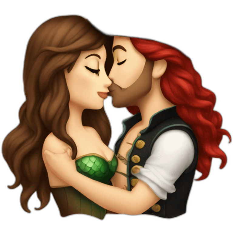 Brown haired mermaid and woman pirate kissing emoji