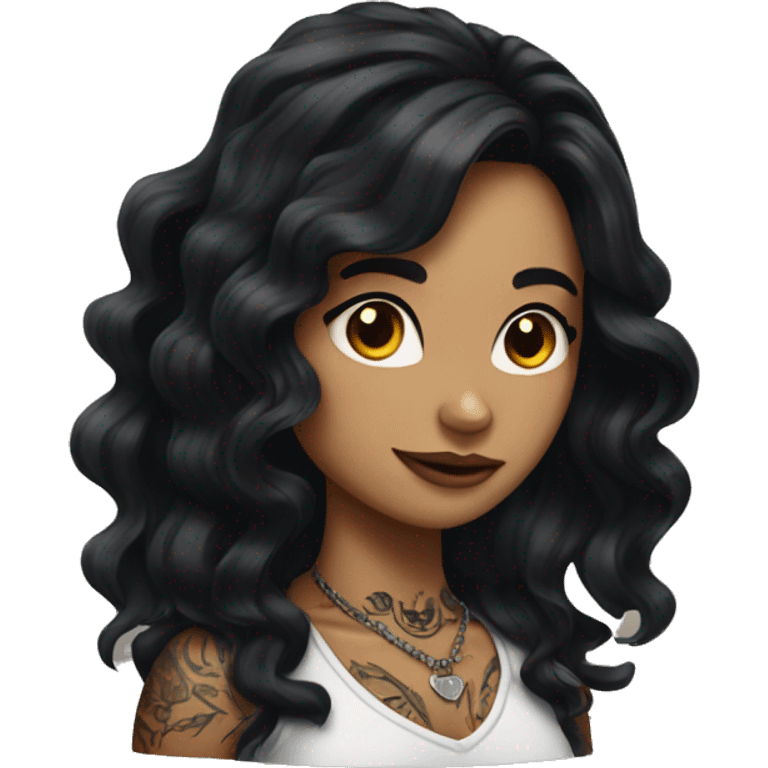 Girl with long black wavy hair and neck tattoos  emoji