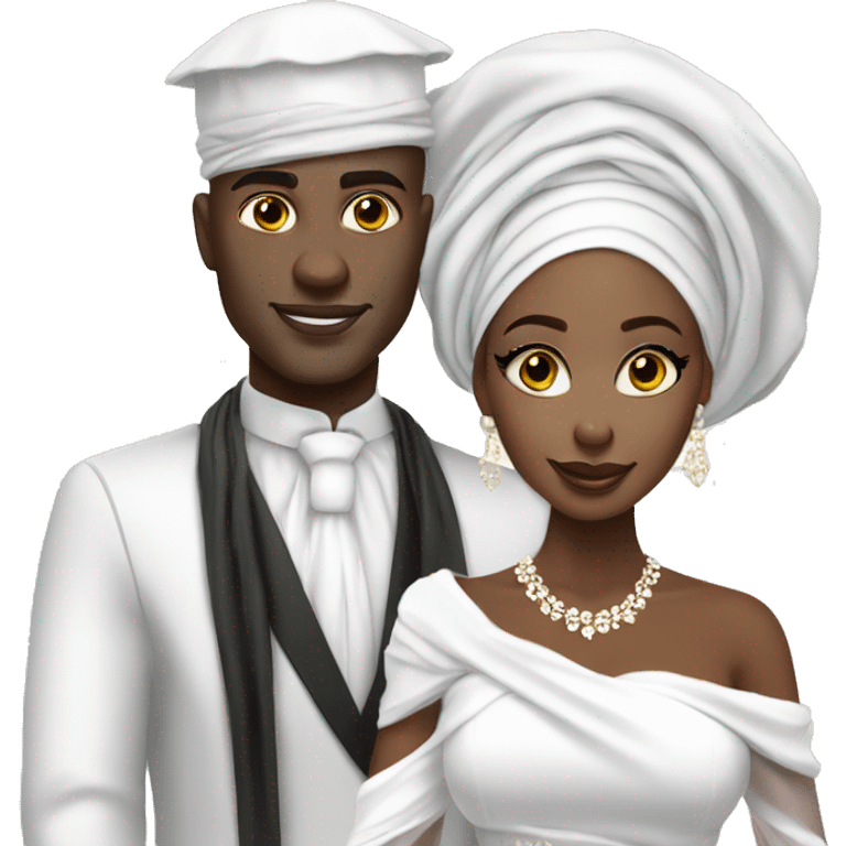 African bride and groom. White gele head wrap with white off shoulder dress. No Turban emoji