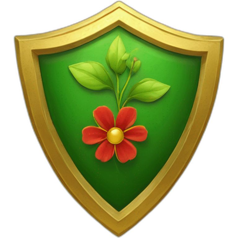 green shield with a gold border and a sprouting gold and red flower at the centre emoji