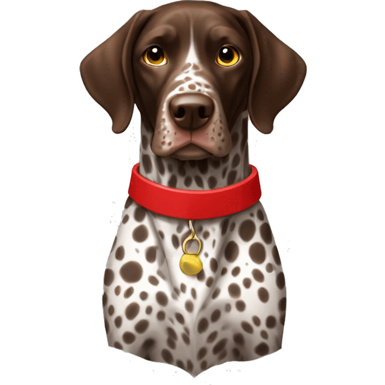 Brown spotted German short haired pointer  with ticking with red collar  emoji