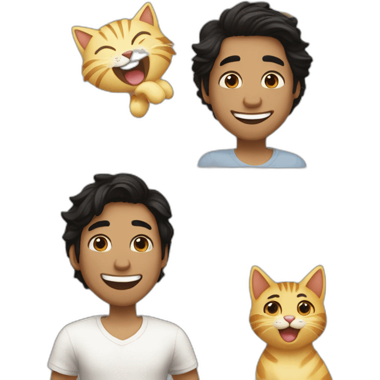 Gay couple, 1 guy Latino black straight hair and 1 Australian guy with blonde slightly curly hair laughing full body and a cat in the middle emoji