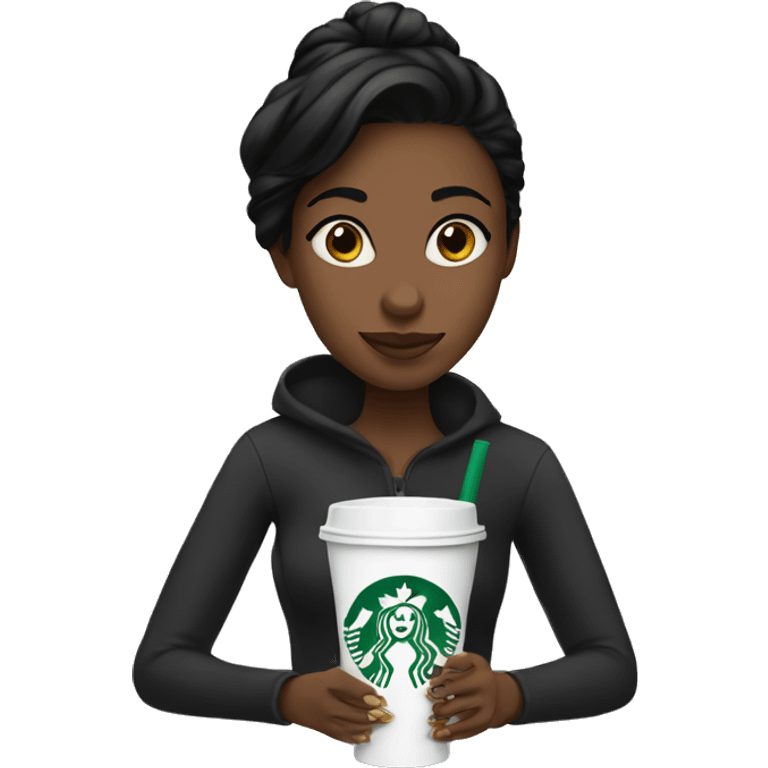 black haired girl drinking one starbucks cup emoji