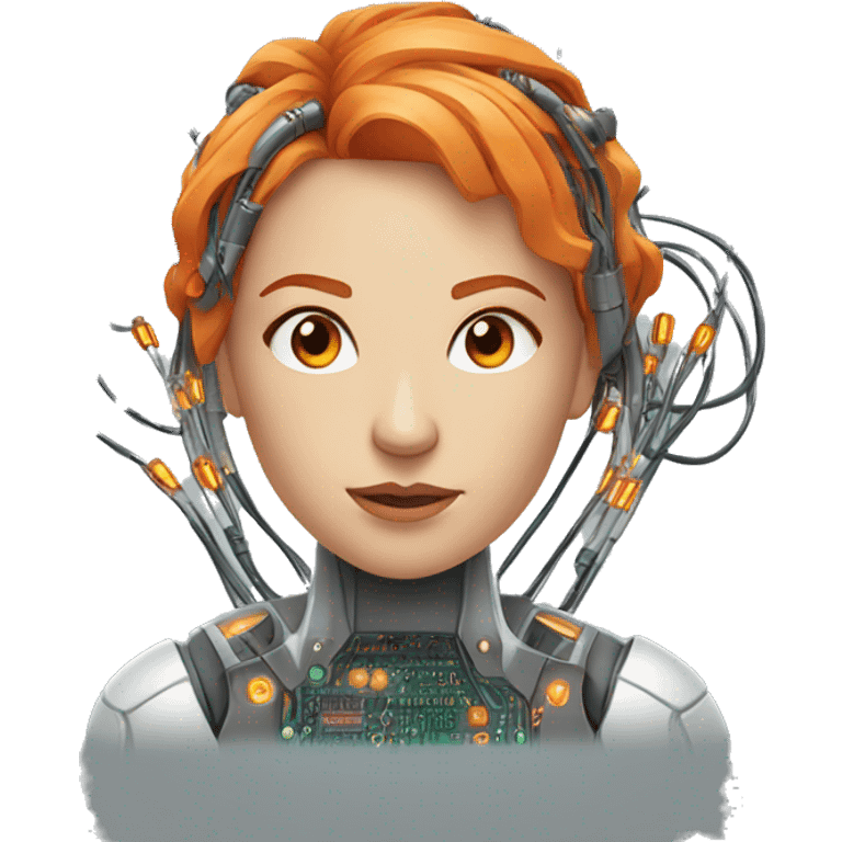 Head of female cyborg with orange hair and circuits wires emoji