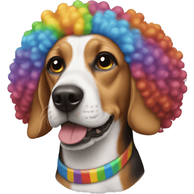 Beagle with a curly Afro rainbow clown wig emoji