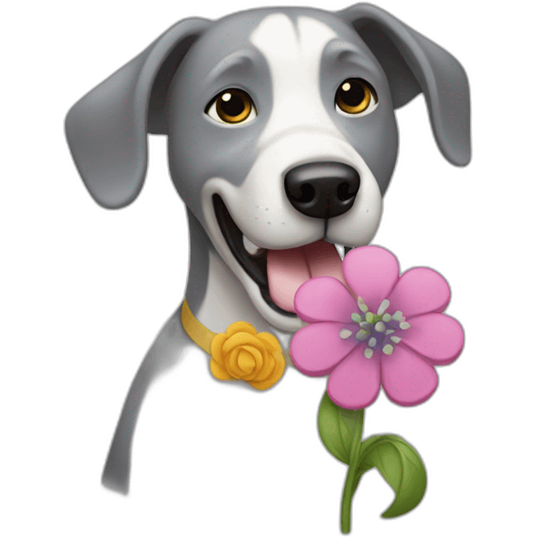 A Grey dog eating a flower and dance  emoji