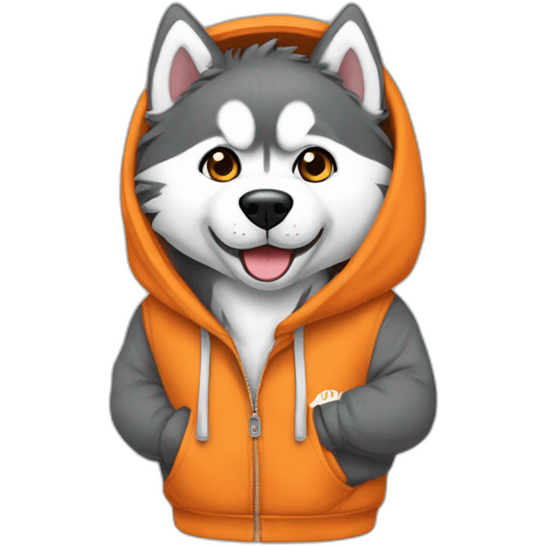 Husky con sudadera y audífonos naranja emoji