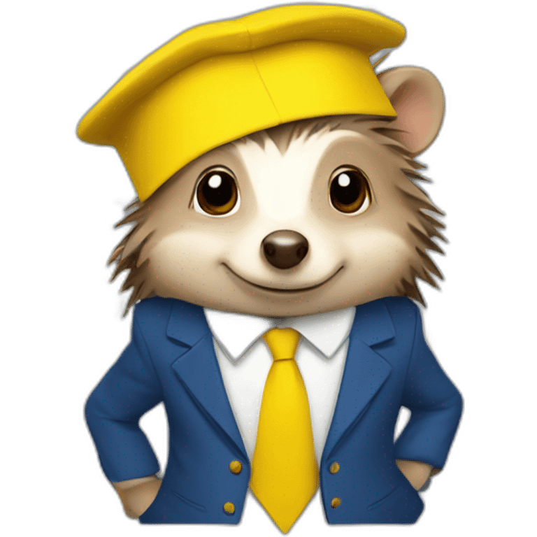 A hedgehog student in a suit in the color of the Ukrainian flag in a square academic cap emoji