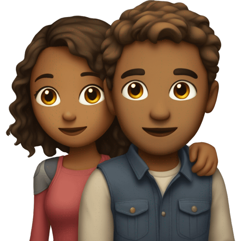 A brown girl with long hair and a brown guy with short hair but is taller hugging emoji