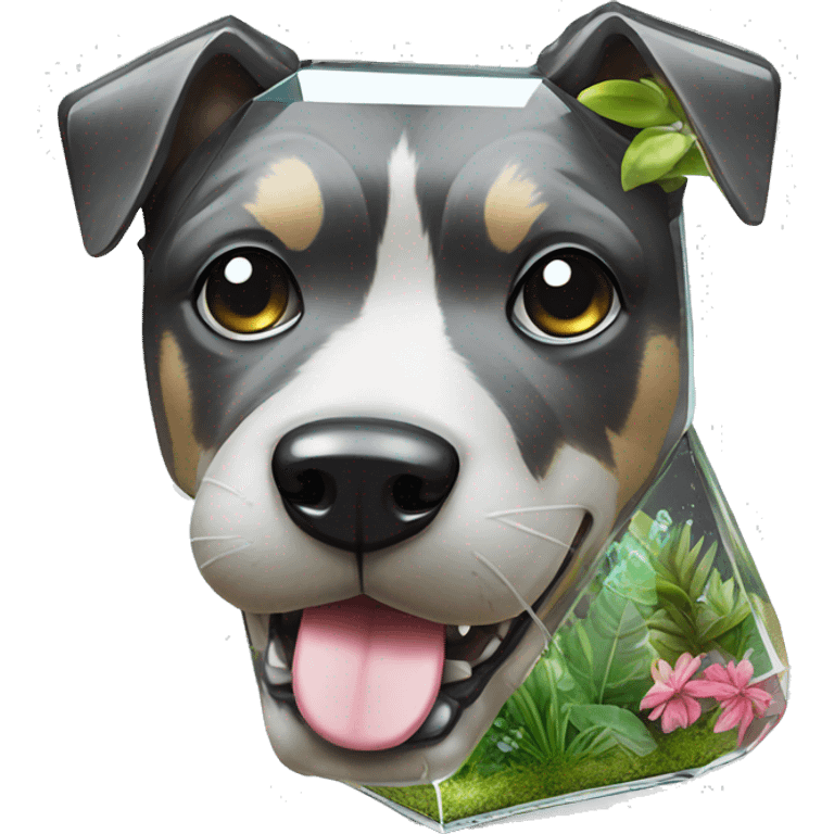 A dog made of glass mirror crystals prisms glass transparent filled with plants as a terrarium with graffiti doodles emoji