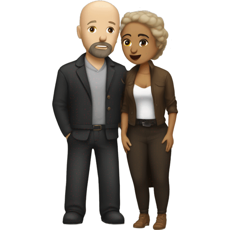 White Man bald with dark beard kissing Mexican woman with long dark curly hair emoji