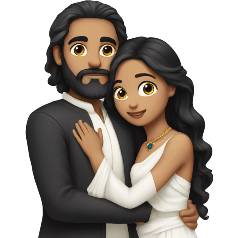 Light skin;Black long hair girl  in a white saree hugging with a man with black beard and hair on top emoji