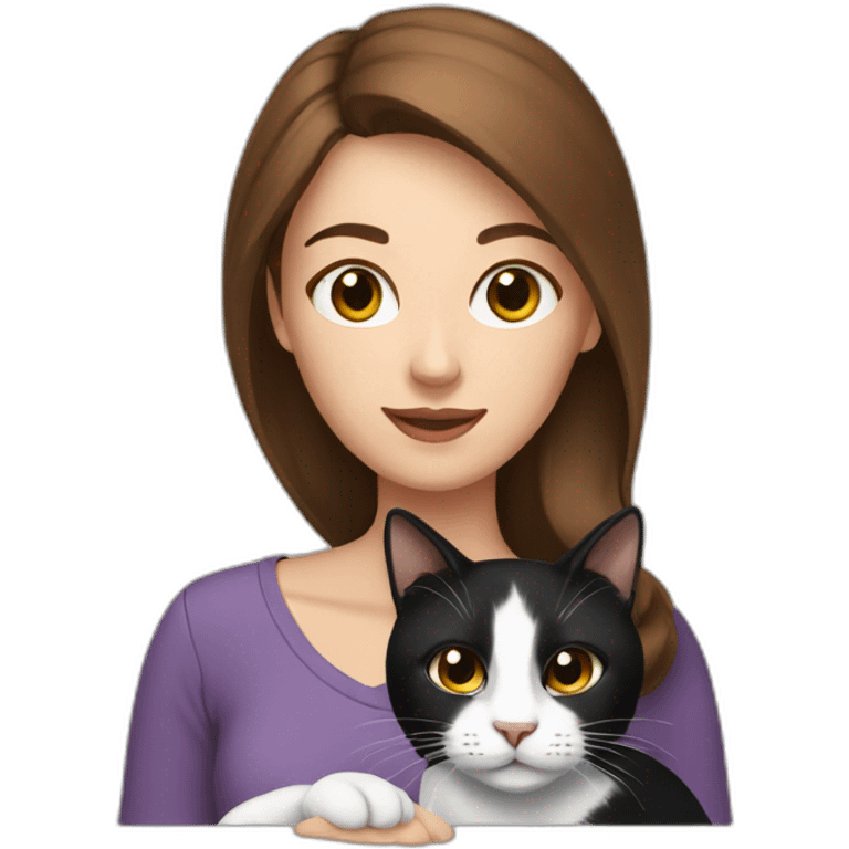 woman with brown hair holding a black and white cat emoji