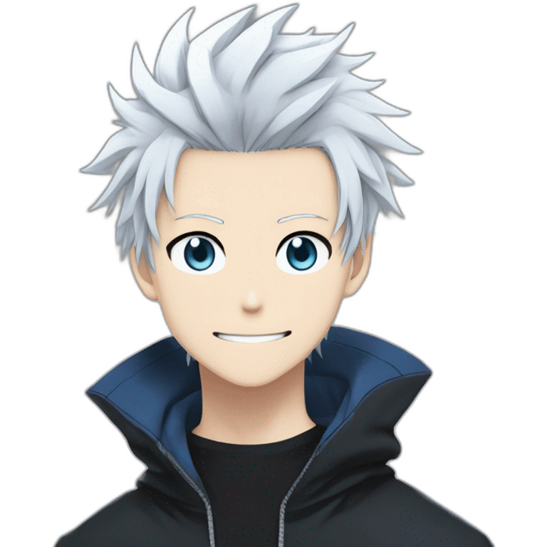 gojo satoru from jujutsu kaisen with white manga hair style, blue sky eyes and wear a black tight tshirt smiling emoji