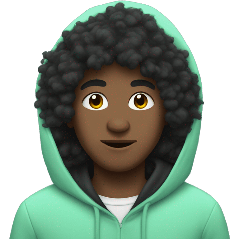 Person with black fluffy hair and minty hoodie emoji