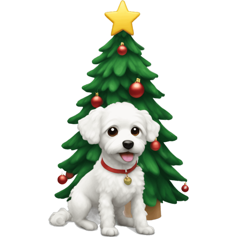 Small white curly dog under a Christmas tree emoji