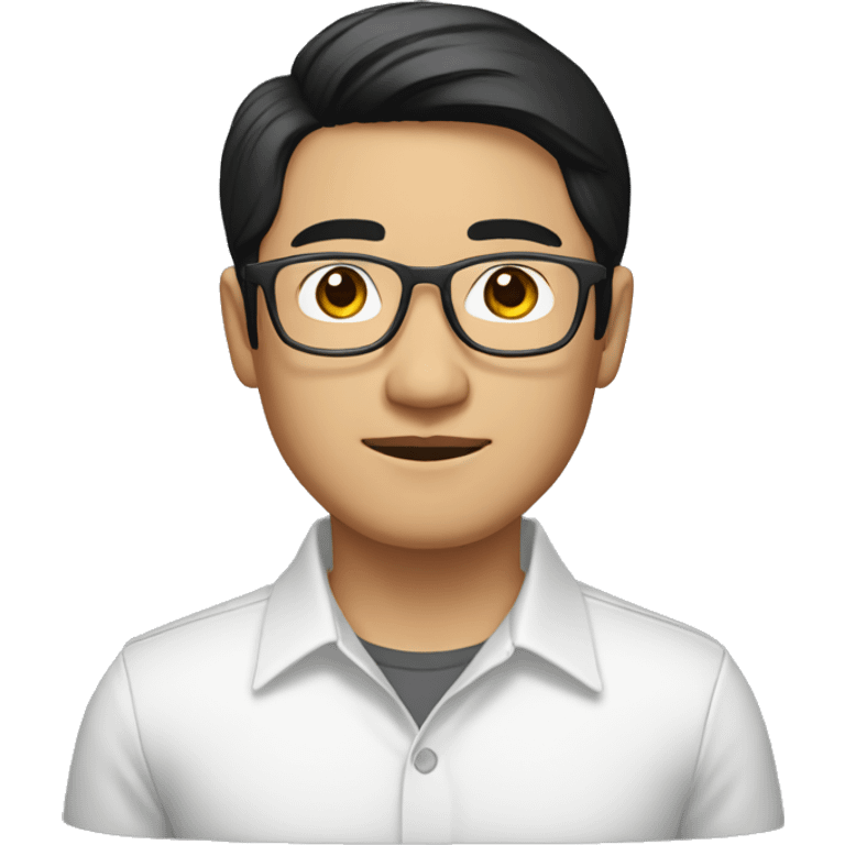 a shoulder length black-haired handsome asian man, using glasses, with mustache, wearing white shirt emoji