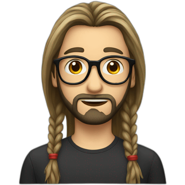 A boy with long tied hair and a beard with elongated glasses with black frames and red lenses emoji