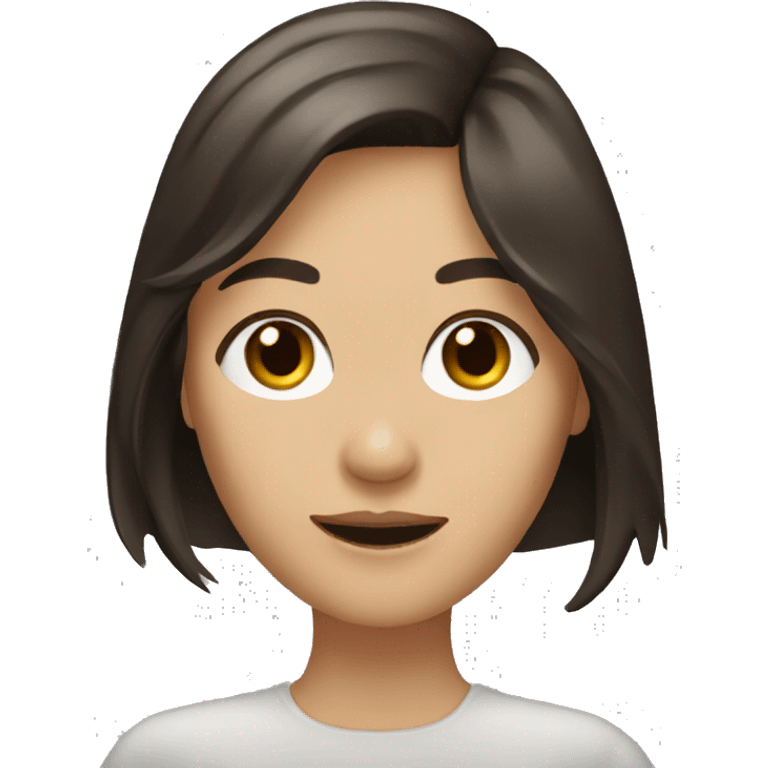 brunette woman with dark brown eyes, bangs and long hair waving emoji