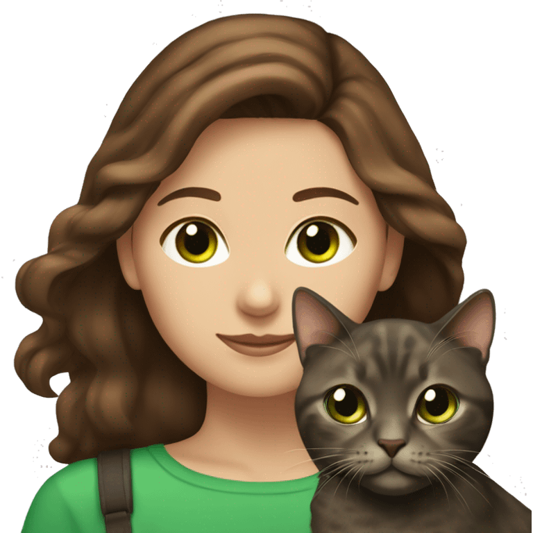 Brown hair woman and green eyes with her dark tortoise shell cat emoji