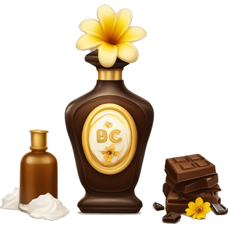 An antique perfume bottle with oil made of bronze and brown crystals, coconut cream and coffee milk flow, chocolate, yellow flowers of fragrant vanilla lie next to it emoji