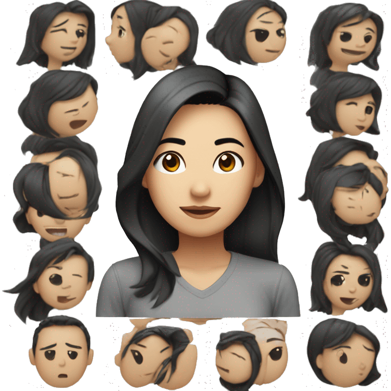 A head and shoulders shot of a 33 year old asian woman, with straight black hair,   with brown eyes wearing a t-shirt. emoji