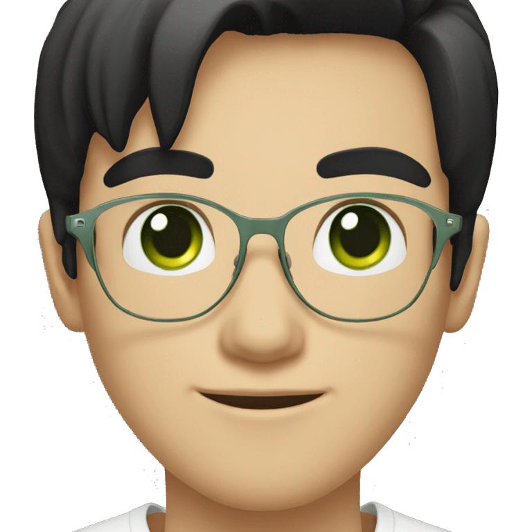 A white boy with glasses with black hair wearing a white T-shirt with green eyes emoji