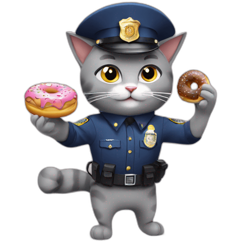 grey cat in police hat eating 3 doughnuts emoji