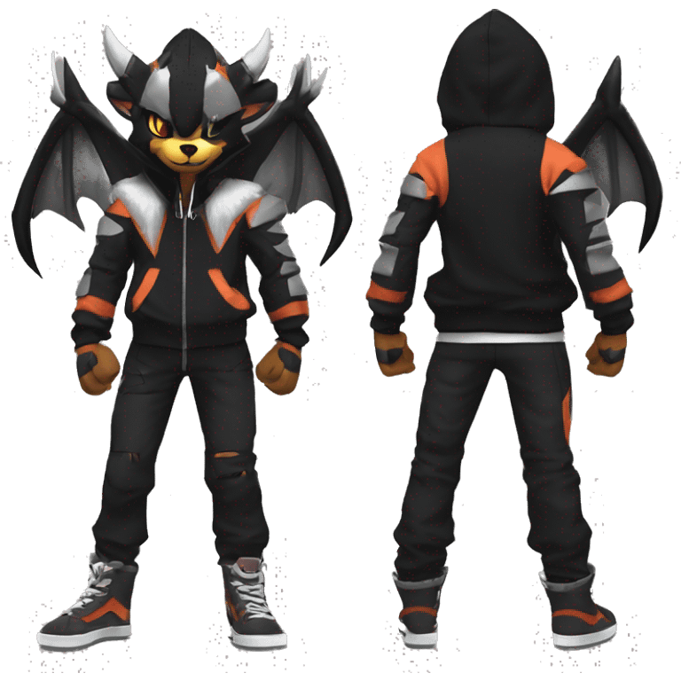 Cool Anthro Black Noivern-Houndoom-Litten-Pokémon with edgy stripes hoodie spiked collar punk Full Body emoji