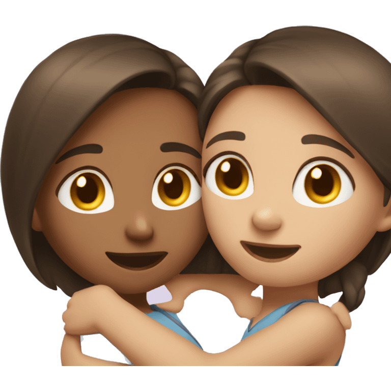 Two brunette girls hugging each other.  emoji