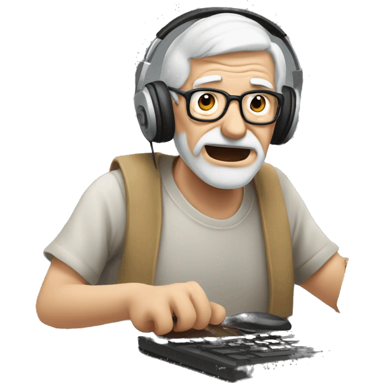 old man playing on PC with heaset  emoji