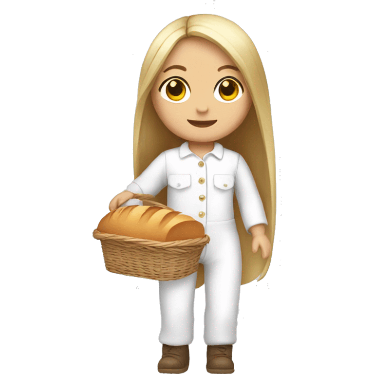 cute white doll, with jumpsuit, white shirt in it, long straight hair, holding a bread basket emoji