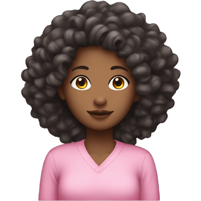 A black girl with asian ehes wearing a pink shirt with curly hair  emoji