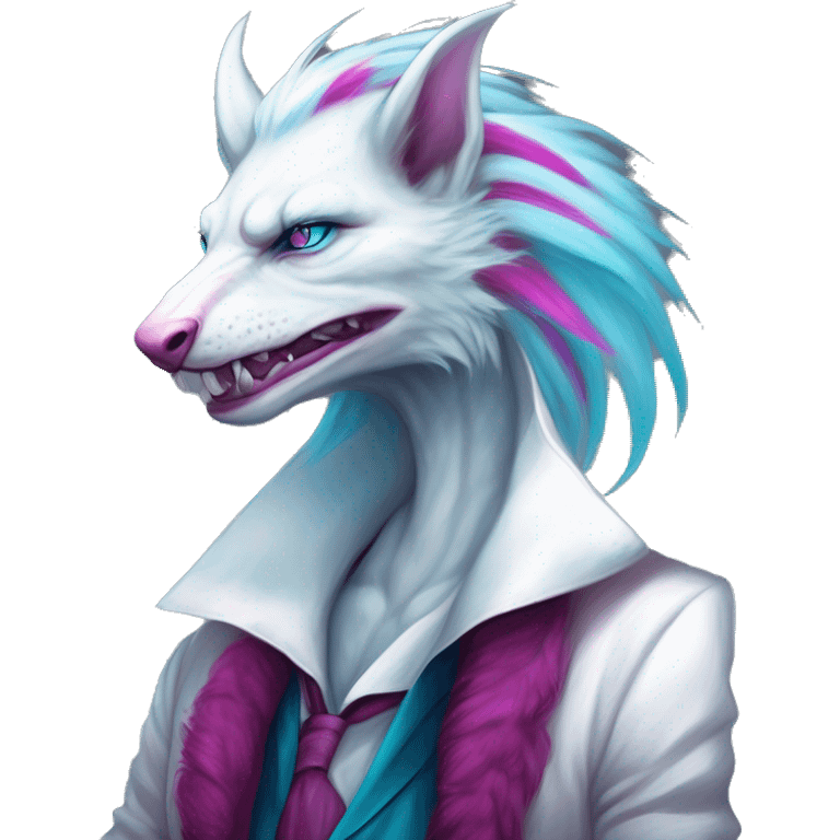 White badass elegant wild beautiful natural cute badass epic anthro modern albino sergal-vernid-creature with cyan mane and magenta eyes with cyan edgy stripes, full body, blue pretty hair, outside, modern, aesthetic, art by LiLaiRa, art by art by Falvie emoji