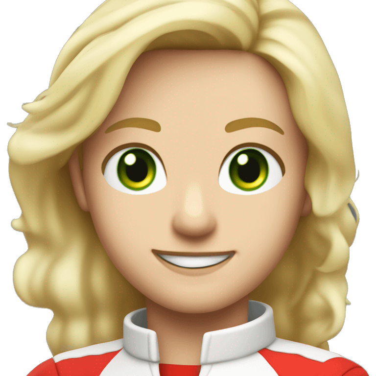 Create a Formula 1 driver, straight, blonde hair pulled to the side, green eyes, red Ferrari markings, smiling and with arms crossed emoji