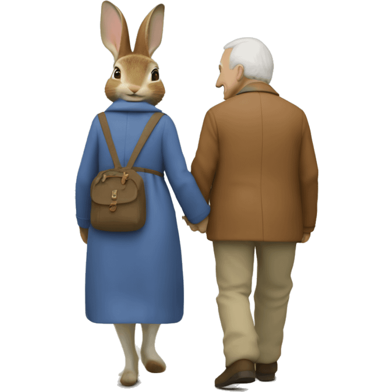 Peter rabbit from the back walk holding hands with an older woman with brown hair  emoji