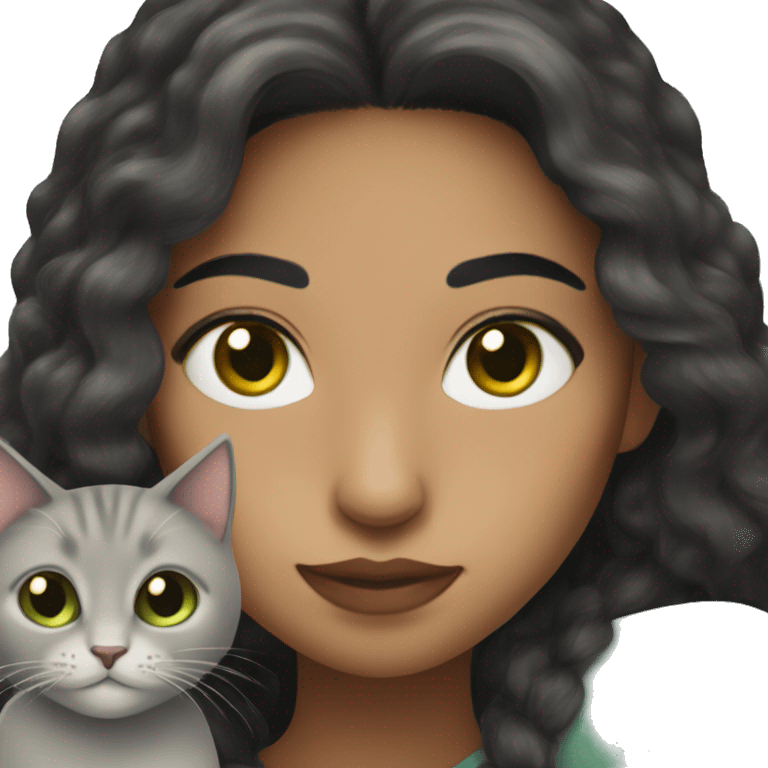 A Hispanic woman  with light freckles with  long black hair holding a Dark graycat with light green eyes emoji