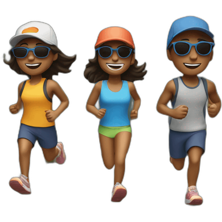 three friends running to the mountains wearing a cap and sunglasses emoji